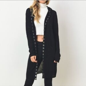 Gilli Cardigan Open Front Hooded Grommet Longline Sweater Green Size L